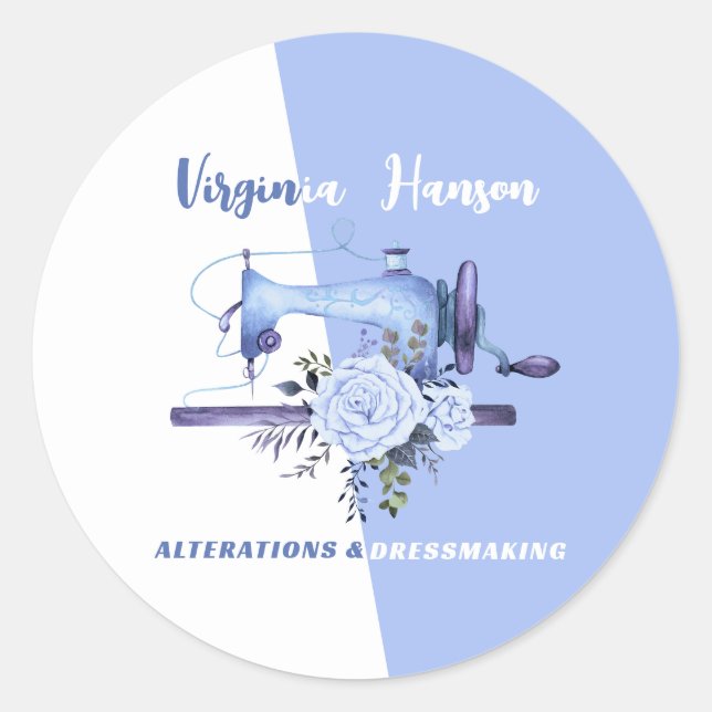 Pegatina Redonda Máquina de coser Boho Blue Floral Seamstress Tailo (Anverso)