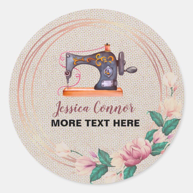 Pegatina Redonda Máquina de coser Fondo de crema blanquecino (Anverso)