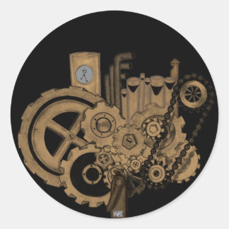 Pegatina Redonda Maquinaria Steampunk (Brassy)