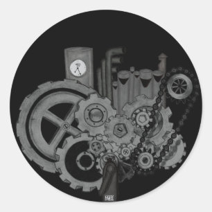 Pegatina Redonda Maquinaria Steampunk (monocroma)