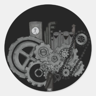 Pegatina Redonda Maquinaria Steampunk (monocroma)