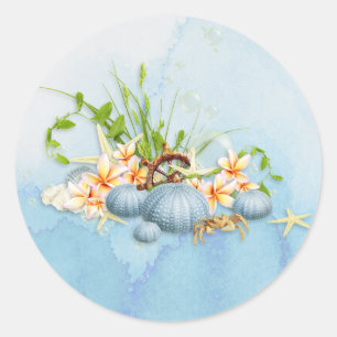 Pegatina Redonda Mar Azul Costero Urchin Floral