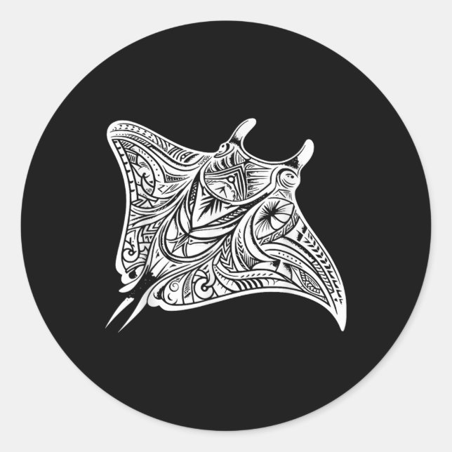 Pegatina Redonda Mar de tatuaje tribal de Manta Ray (Anverso)