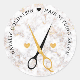 Pegatina Redonda Marble Black and Gold Scissors Hairstylist