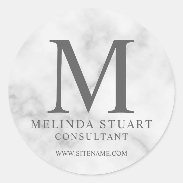 Pegatina Redonda Marble blanco elegante Monograma Business Classic (Anverso)