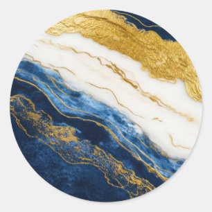 Pegatina Redonda Marble de hojas de oro y azul de la marina de lujo