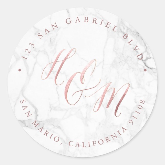 Pegatina Redonda Marble Faux Rosa Gold Calligraphy Ampersand (Anverso)