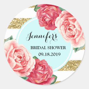 Pegatina Redonda Marca Turquoise Gold Pink Floral Bridal Shower Fav