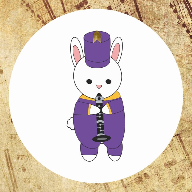 Pegatina Redonda Marcha de la banda de conejo Clarinet Puprle amari (A sticker of a clarinet playing bunny rabbit in a purple and yellow gold marching band uniform.)