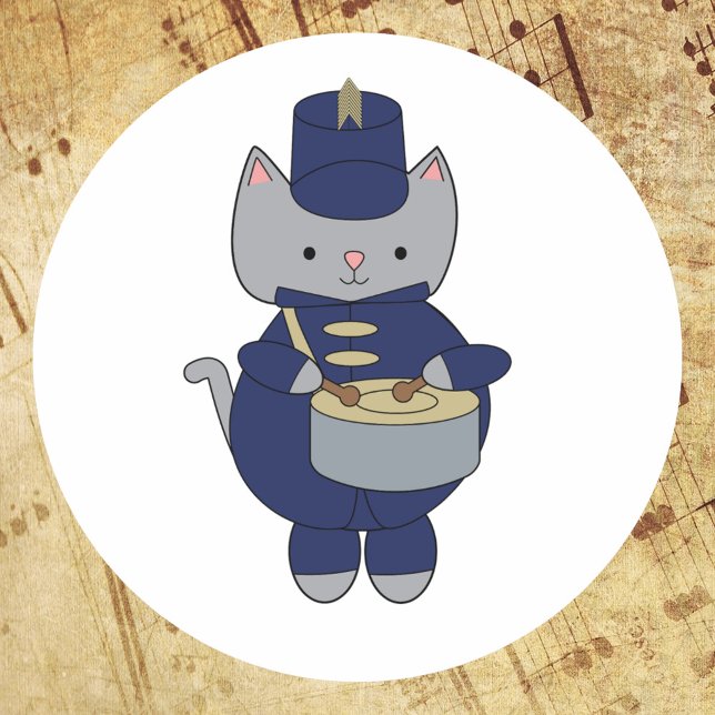 Pegatina Redonda Marching Band Cat Drum Navy Blue Gold (A sticker of a gray cat playing drums in a navy blue & gold marching band uniform.)