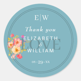 Pegatina Redonda Marco con Rosas, estilo Boda sobre azul retro