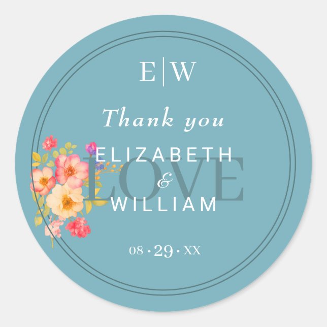 Pegatina Redonda Marco con Rosas, estilo Boda sobre azul retro (Anverso)