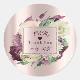 Pegatina Redonda Marco de boda Burgund Marsala Monograma Rosa Regal