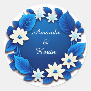 Pegatina Redonda Marco de boda floral azul con flores blancas
