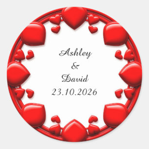 Pegatina Redonda Marco de Corazones Rojos