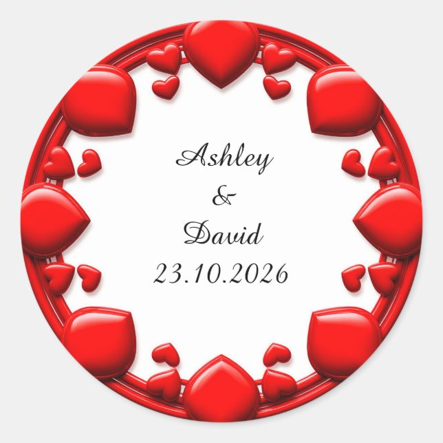 Pegatina Redonda Marco de Corazones Rojos (Anverso)