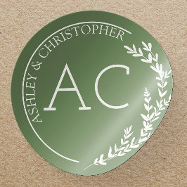 Pegatina Redonda Marco de follaje moderno Boda verde silenciado