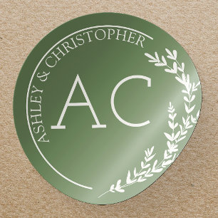 Pegatina Redonda Marco de follaje moderno Boda verde silenciado