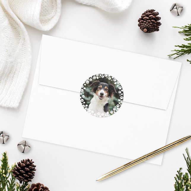 Pegatina Redonda Marco de huellas y corazones Foto de mascota perso (Subido por el creador)