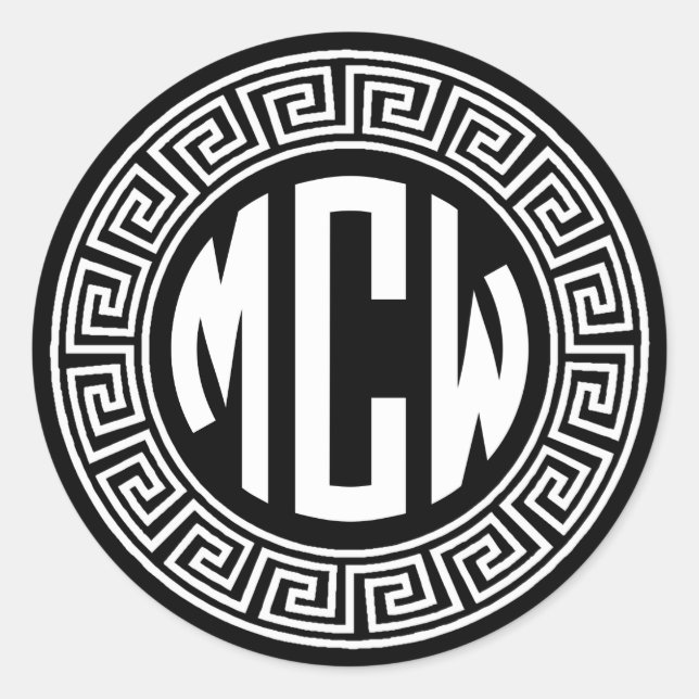Pegatina Redonda Marco de la llave griega del monograma del círculo (Anverso)