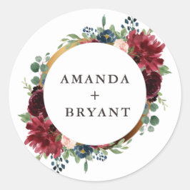 Pegatina Redonda Marco de oro floral de Borgoña