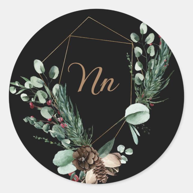 Pegatina Redonda Marco de oro personalizable con Monogram rama verd (Anverso)