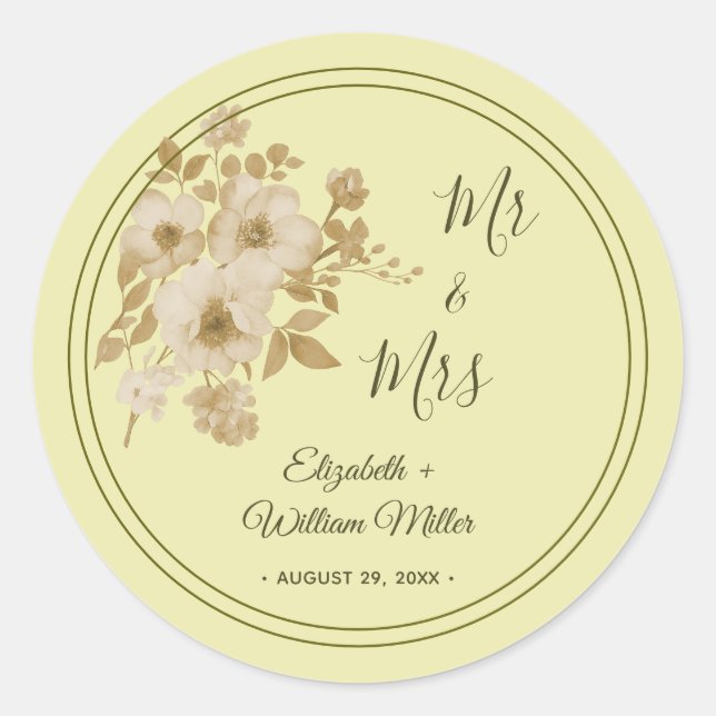 Pegatina Redonda Marco de Rosa – Boda Amarillo Celeste (Anverso)