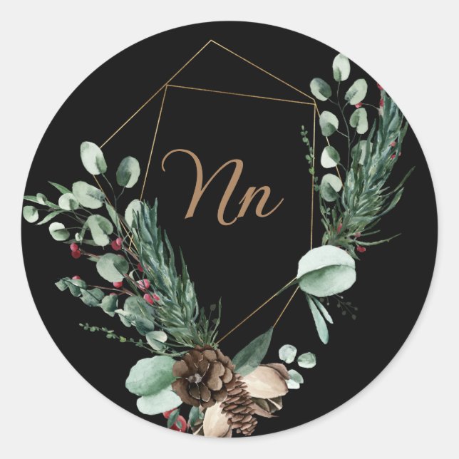 Pegatina Redonda Marco dorado personalizable con monograma rama ver (Anverso)