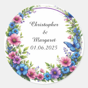 Pegatina Redonda Marco floral boda con flores de colores