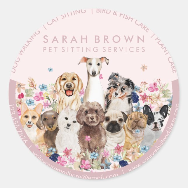 Pegatina Redonda Marco floral de perros (Anverso)