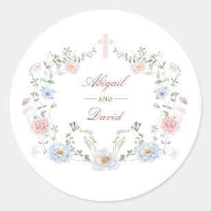 Pegatina Redonda Marco floral elegante Boda religioso