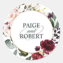 Pegatina Redonda Marco floral en Borgoña y Oro