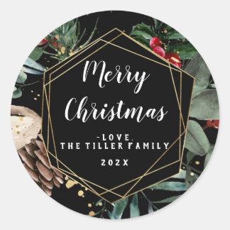 Pegatina Redonda Marco floral navideño