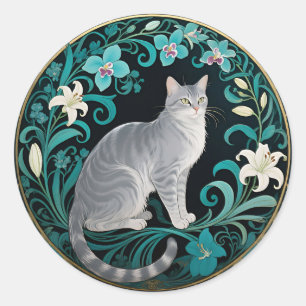 Pegatina Redonda Marco Floral Ornamentado de Gato Gris