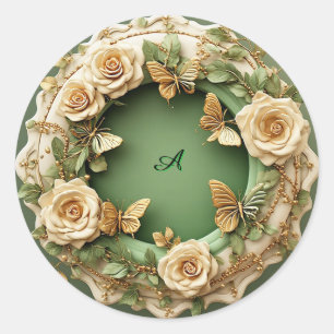 Pegatina Redonda Marco floral verde con rosas rosadas