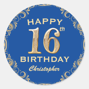 Pegatina Redonda Marco Purpurina azul y oro de la fiesta de cumplea