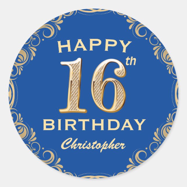 Pegatina Redonda Marco Purpurina azul y oro de la fiesta de cumplea (Anverso)