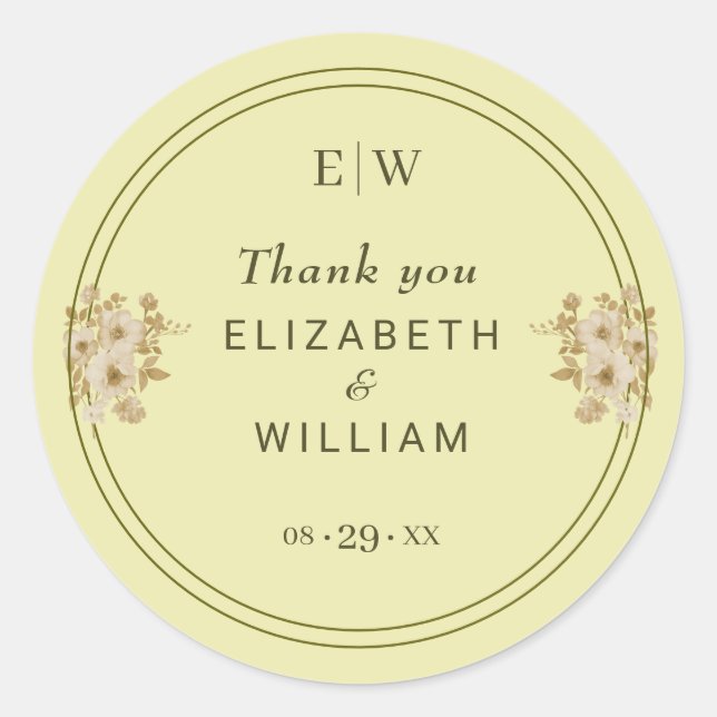 Pegatina Redonda Marco Rosa - Boda amarillo celestial monograma (Anverso)