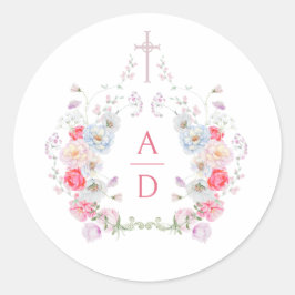 Pegatina Redonda Marcos de Flores Rosadas Monogramas de Boda Religi