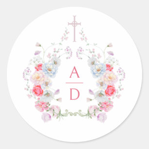 Pegatina Redonda Marcos de Flores Rosadas Monogramas de Boda Religi