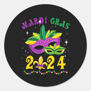 Pegatina Redonda Mardi Gras 2024 Mask Fleur De Lys Beads Nola Carni