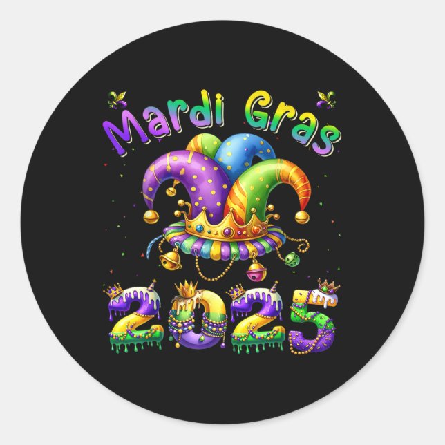 Pegatina Redonda Mardi Gras 2025 Jester Set Niños Chicas Hombres (Anverso)