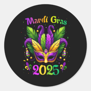 Pegatina Redonda Mardi Gras 2025 Mask Feathers Mardi Gras Family Co