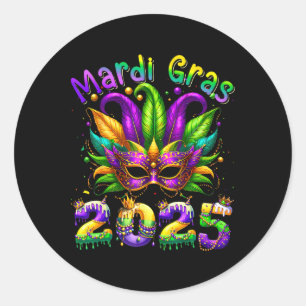 Pegatina Redonda Mardi Gras 2025 Mask Feathers Mardi Gras Family Co