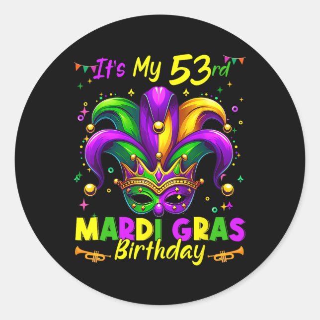 Pegatina Redonda Mardi Gras 53 cumpleaños Grasa Martes 53 años (Anverso)