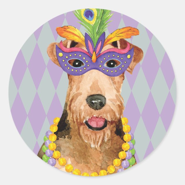 Pegatina Redonda Mardi Gras Airedale (Anverso)