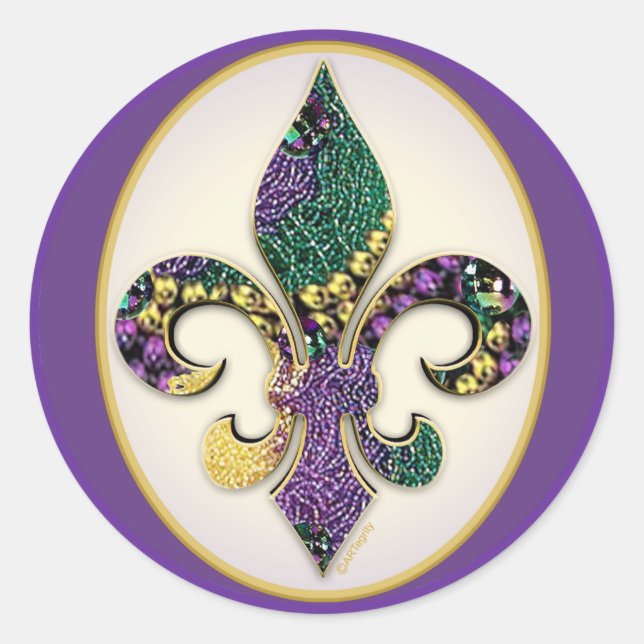 Pegatina Redonda Mardi Gras Bead Fleur de lis (Anverso)