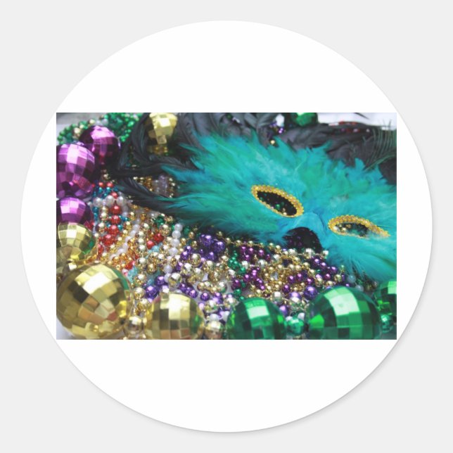 Pegatina Redonda Mardi Gras Beads & Green Feather Mask (Anverso)