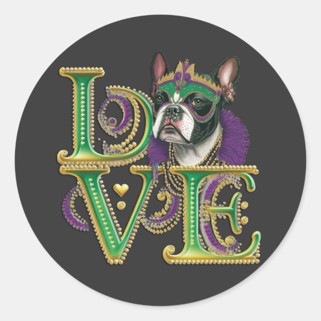 Pegatina Redonda Mardi Gras Boston Terrier Word Love Masquerade (Anverso)