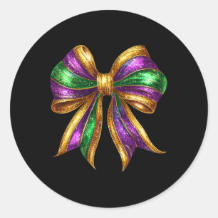 Pegatina Redonda Mardi Gras Bow Coquette Bow Fat Martes Nueva Orlea